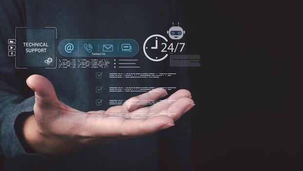 A person holds an open hand, showcasing a holographic interface with technical support icons, contact options, 24 service, and checkboxes. photo