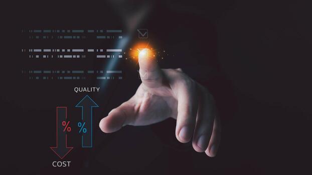 A business person selects a choice on a glowing digital interface, managing the balance between increasing quality and decreasing cost for optimal business strategy and control. photo