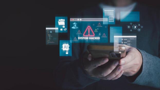 A person holds a smartphone in a dark setting while digital interfaces show a SYSTEM HACKED warning illustrating a cybersecurity breach photo