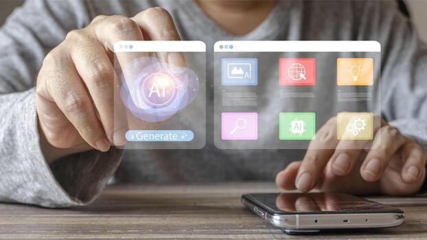 A person uses a mobile phone to command an artificial intelligence system. They touch a floating virtual screen with various app icons to generate creative content on a wooden desk. photo