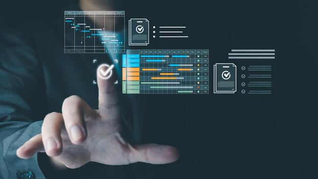 A businessman in a suit interacts with a futuristic digital interface, touching a glowing icon to manage a project timeline and task checklists on a virtual screen. photo