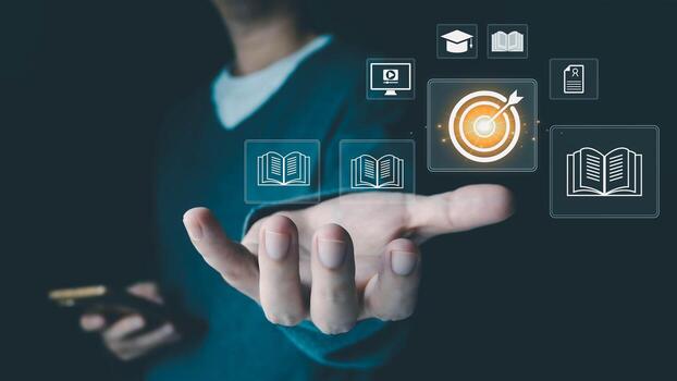 A person uses a smartphone to access a virtual interface with icons for education, learning, and achieving goals, representing the concept of online courses and skill development for future success. photo