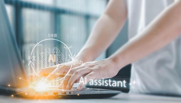 A person uses a laptop with an AI assistant for multilingual translation. The interface shows a digital brain and various languages, demonstrating global communication technology. photo