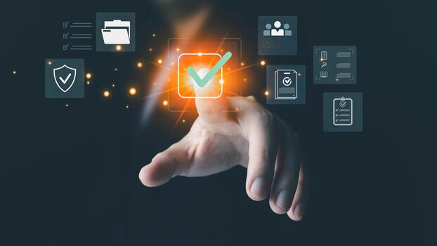 A person's hand touches a glowing green checkmark on a digital interface with business icons, symbolizing approval, completion, and quality assurance in a modern technological environment. photo