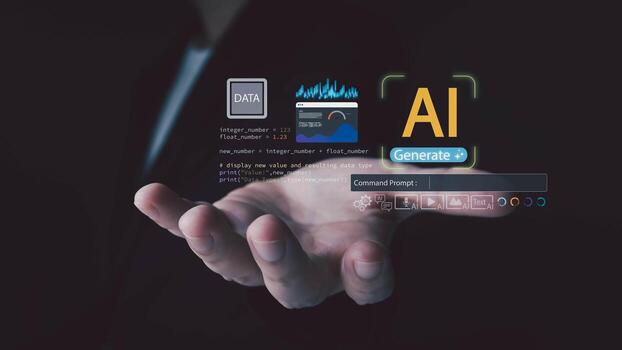 An open palm holds glowing digital interfaces with data charts code and an AI Generate button showing human interaction with advanced artificial intelligence photo