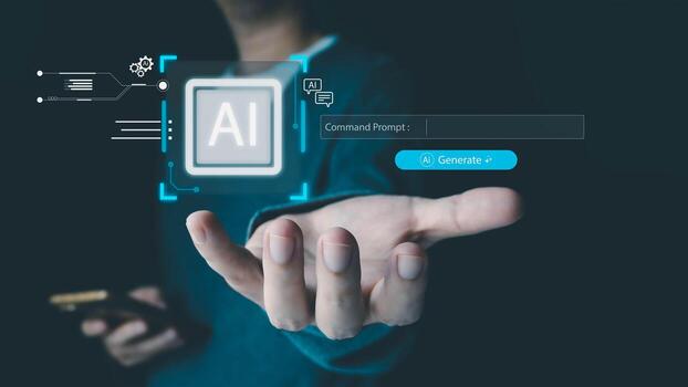 A man holds a phone, presenting a holographic AI interface with a command prompt for generating content. This illustrates the concept of futuristic technology and machine learning. photo