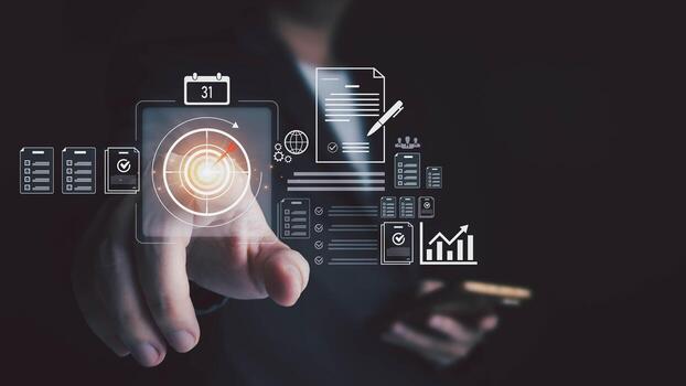 A businessperson touches a futuristic digital interface to manage tasks Icons for planning documents and analytics float around a central target symbolizing strategic business execution and growth photo