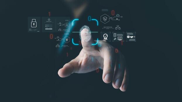 A person's finger scans a futuristic digital interface, unlocking data with biometric authentication. This concept illustrates cybersecurity and information protection technology. photo