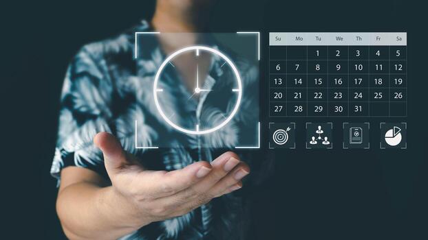 A businessman's hand holds a holographic interface with a clock, calendar, and business icons, symbolizing time management and productivity in a modern, dark-themed office setting. photo