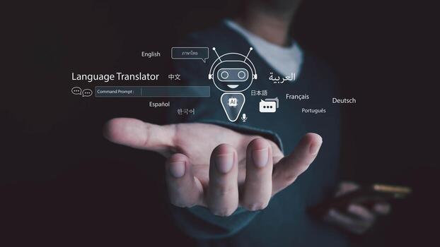 A person uses a smartphone to project a holographic AI language translator The futuristic application displays multiple languages for real-time communication showing advanced technology photo