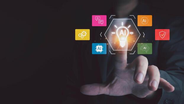 A person in a suit touches a glowing AI light bulb icon surrounded by AI application symbols on a dark background showing interaction with artificial intelligence photo