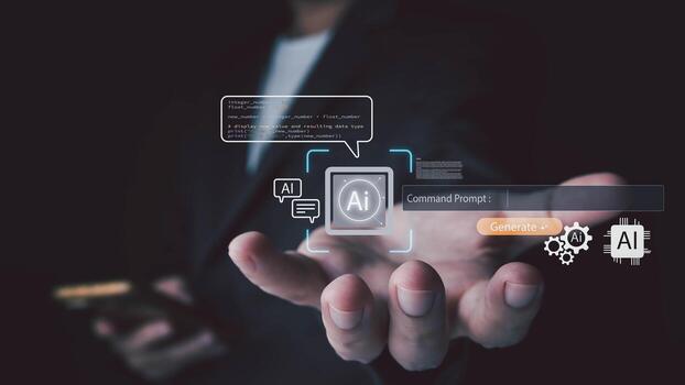 A businessperson uses a smartphone to interact with a futuristic AI interface, generating code from a command prompt on a holographic display representing machine learning and automation concepts. photo