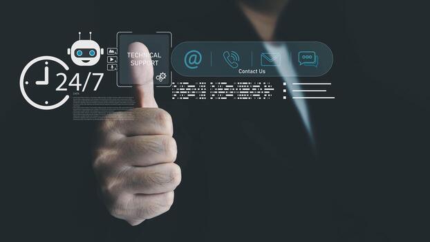A hand gives a thumbs-up on a futuristic digital interface showing a 24-hour clock a bot and Technical Support and Contact Us options photo