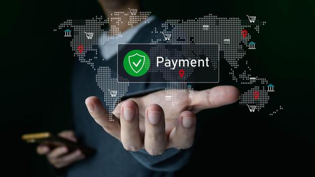 A hand holds a device, displaying a secure payment interface with a world map overlay, symbolizing global transactions and e-commerce. photo