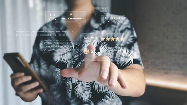 A man holds a mobile phone and touches a holographic display to give a five-star rating. The interface shows various customer review icons, symbolizing satisfaction and feedback. photo
