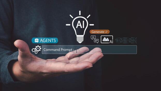 A hand shows a futuristic AI interface with icons a command prompt and Generate and Agents buttons on a dark background photo