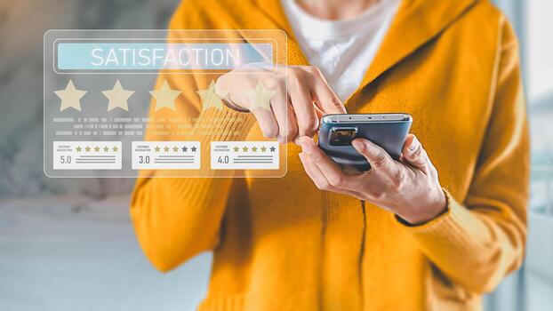 A customer gives a satisfaction rating on a smartphone. A digital interface shows star reviews, symbolizing user experience and feedback for a service or product. photo