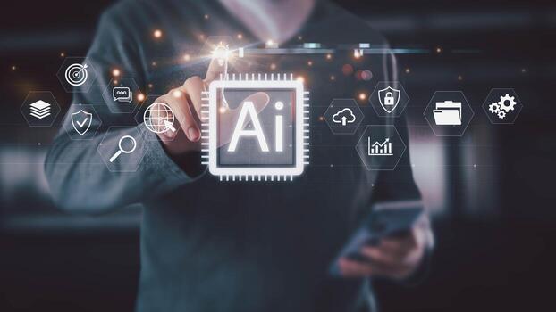 A person's hand touches a glowing Ai processor icon on a virtual interface. Surrounding symbols represent data, security, and business intelligence. photo