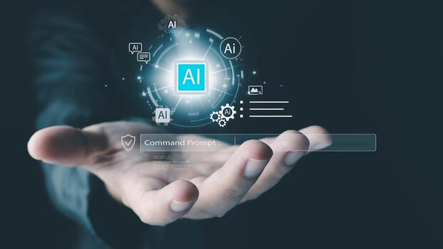 A hand holds a glowing digital interface with an AI icon and command prompt. This illustrates the concept of advanced technology, automation, and human-computer interaction. photo