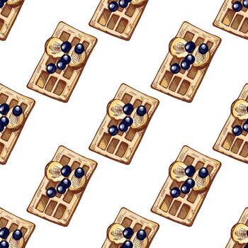 Hand drawn seamless pattern of waffles with banana slices and blueberries in color and monochrome version vector