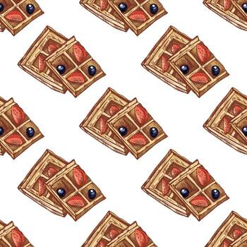 Hand drawn seamless pattern of sweet waffles with strawberries and blueberries in color and monochrome version vector