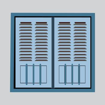 a blue window with a window frame and shutters vector