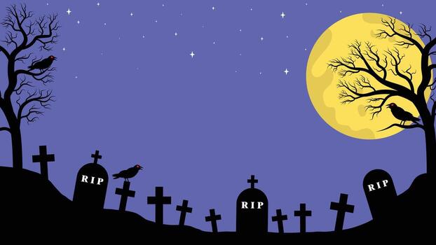Scary Graveyard With Dead Trees, Crows, And Full Moon In The Background vector