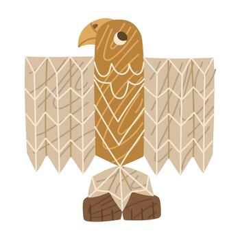 A wooden bird totem with large wings, hand-carved. A flat, colored illustration of an isolated object. Native American Indian symbolism. Religious objects for settlements. History, ancient drawings vector