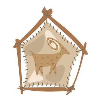 panel made of branches with animal skin stretched over it and animal drawings. flat colored illustration. Drawings by Native Americans. five-pointed shape made of sticks with drawing of goat or a ram vector