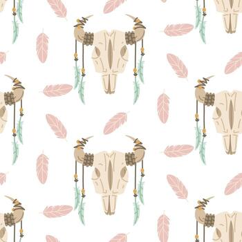 Bull skull pattern with feathers vector