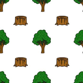 sin costura modelo de dibujos animados arboles y tocones en un blanco fondo, representando naturaleza y deforestación. vector
