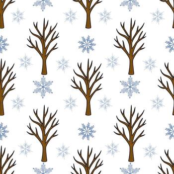 sin costura modelo de desnudo marrón arboles y ligero azul copos de nieve en un blanco fondo, evocando un invierno bosque tema. vector
