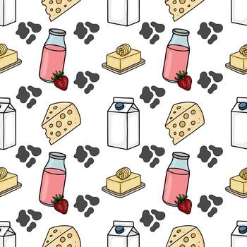 dairy products and strawberries pattern vector