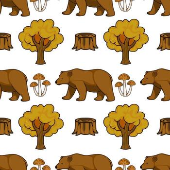 Bears walking among trees and mushrooms vector
