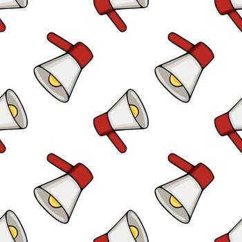 Seamless repeating pattern of retro-style megaphones with red handles and gray bells, set against a clean white background, evoking a sense of announcement and communication. vector