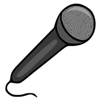 A classic dynamic microphone with a textured grille and a coiled cord, rendered as a clean illustration on a white background. vector