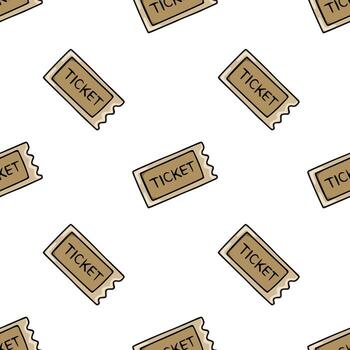 A playful, hand-drawn pattern featuring repeating brown tickets with TICKET text, set against a clean white background, ideal for event-themed designs. vector