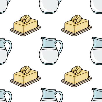 Seamless pattern of dairy products, featuring stylized pitchers of milk and butter portions with curls, set against a clean white background. vector