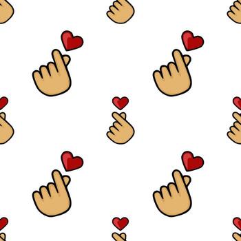 un sin costura modelo presentando un coreano dedo corazón gesto con un rojo corazón, presentado en un simple, gráfico estilo con negrita contornos y un limpiar blanco antecedentes. vector