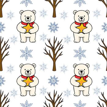adorable polar oso personaje participación un brillante estrella, rodeado por estilizado desnudo arboles y delicado copos de nieve, creando un encantador invierno bosque modelo. vector