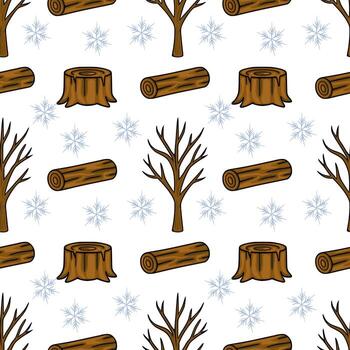 sin costura modelo de invierno bosque elementos con desnudo árboles, registros, y copos de nieve. vector