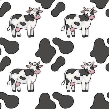 A whimsical pattern featuring charming cartoon cows and their iconic black and white spots, creating a delightful and playful farm-themed background. vector