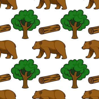 encantador dibujos animados modelo presentando marrón osos, lozano verde árboles, y de madera registros en un repitiendo bosque escena. vector