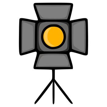 A stylized illustration of a spotlight with a bright yellow bulb and four gray panels, mounted on a simple tripod stand, isolated on a white background. vector