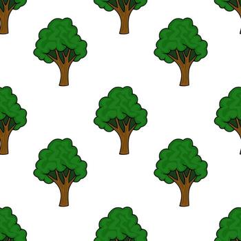 Seamless repeating pattern of stylized green trees with brown trunks against a clean white background, evoking a simple, charming woodland aesthetic. vector