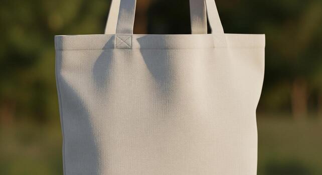 A close-up, detailed view of a plain, light-colored canvas tote bag, highlighting its fabric texture and simple design in an outdoor setting photo
