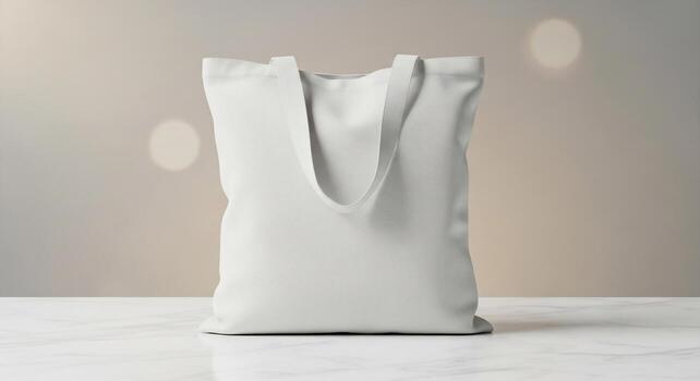 Blank white canvas tote bag, perfect for custom printing and personalized designs, showcased on a marble surface with a soft bokeh background photo
