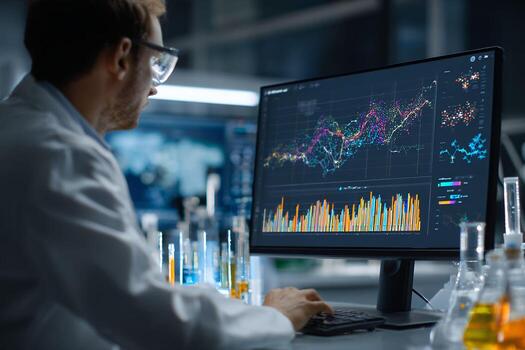 Scientist Analyzing Data on Computer in Modern Laboratory Setting photo