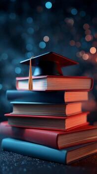 Graduation Cap Rests on Stacked Books Adorned With Golden Glitter in a Celebratory Setting. photo