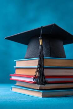Graduation Cap on Stack of Colorful Books in Blue Background Representing Academic Achievement photo
